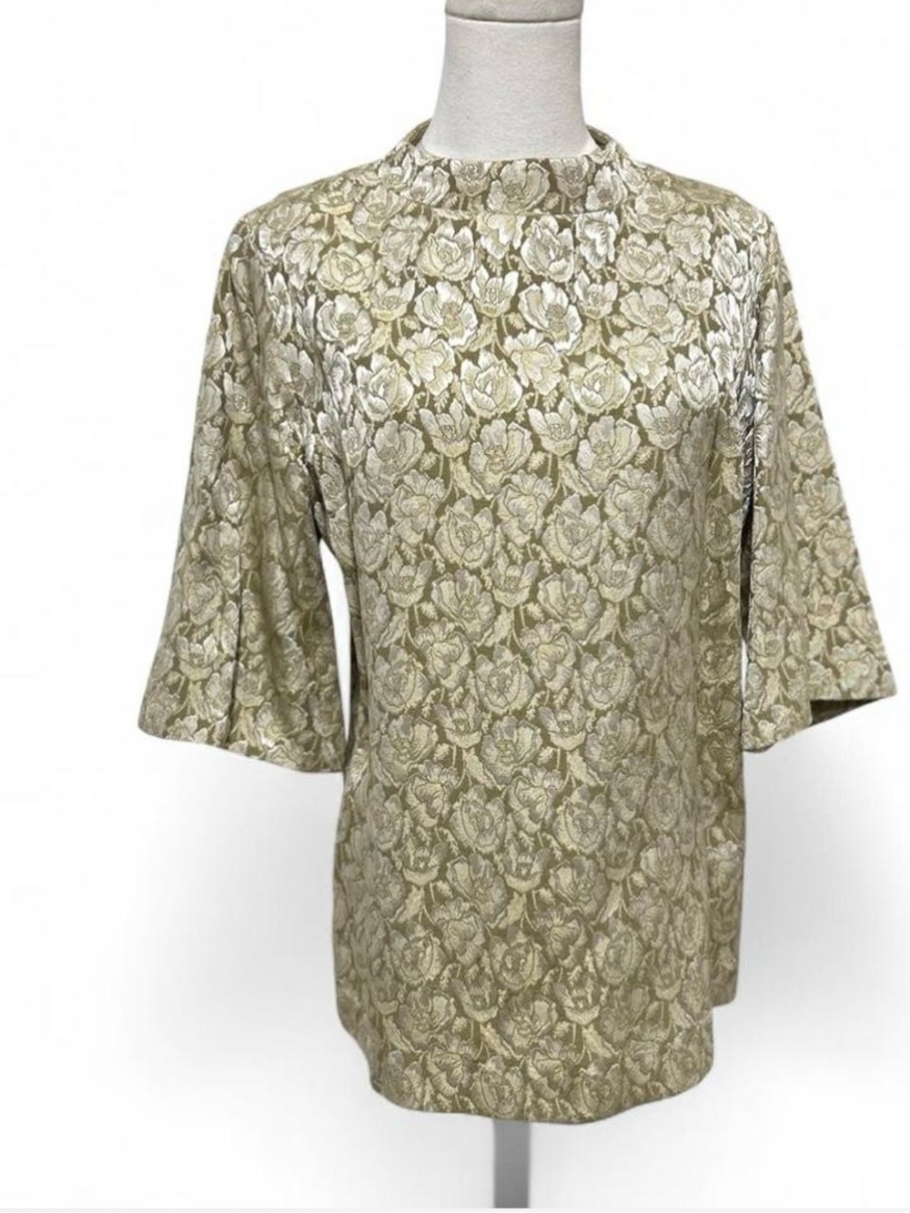 Vintage 60s Textured Jacquard Brocade Green Metallic Cocktail Blouse Size L/XL